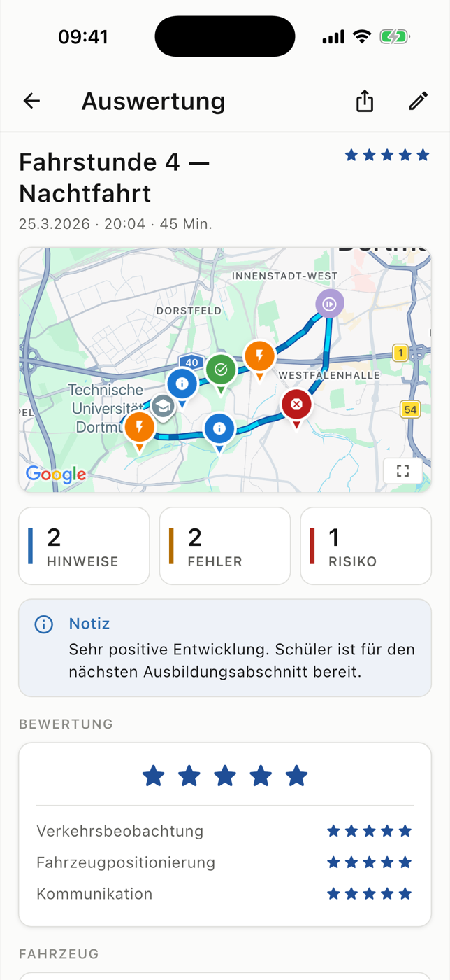 RoadReview Auswertung einer Fahrstunde mit Fehlern auf der Karte und Bewertung