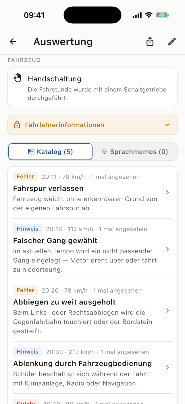 RoadReview Fehlerliste einer Fahrstunde mit Erklärungen und Schweregrad