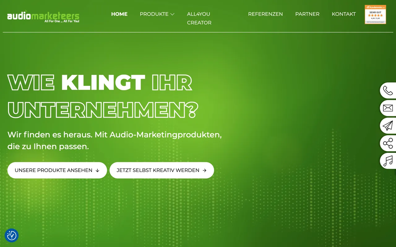 Bisherige Startseite der audiomarketeers GmbH mit der Frage „Wie klingt Ihr Unternehmen?“.