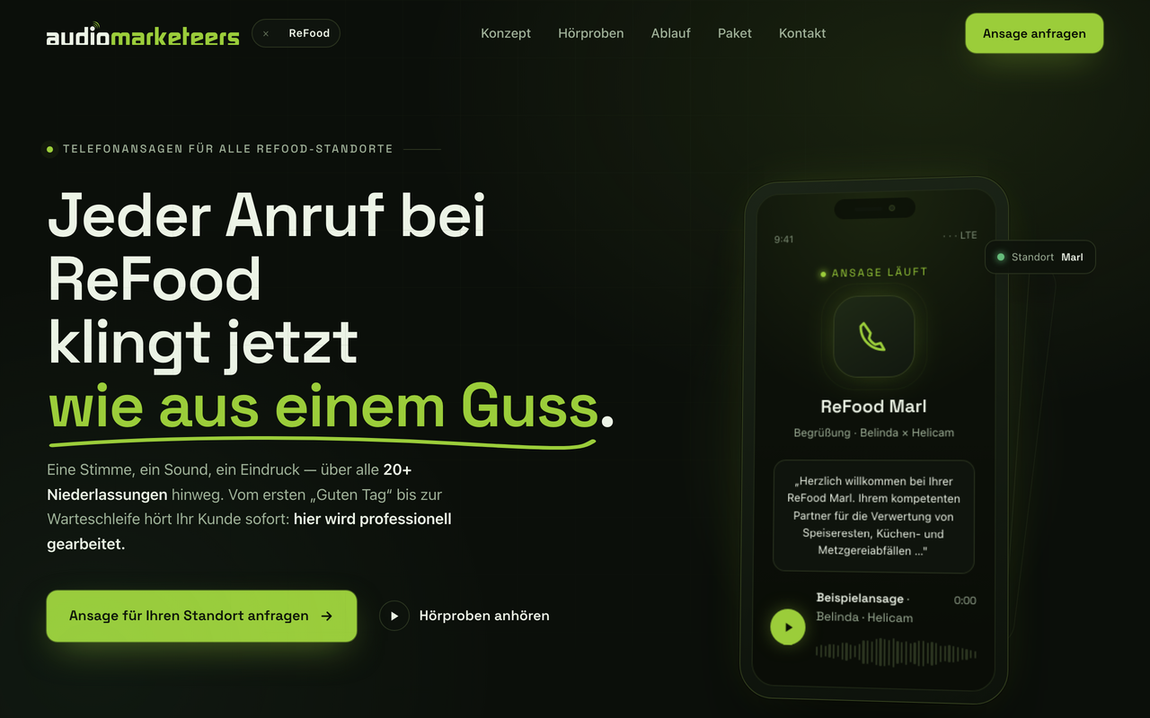 Neue Website-Manufaktur-Landingpage für das ReFood-Projekt von audiomarketeers: „Jeder Anruf klingt jetzt wie aus einem Guss.“.