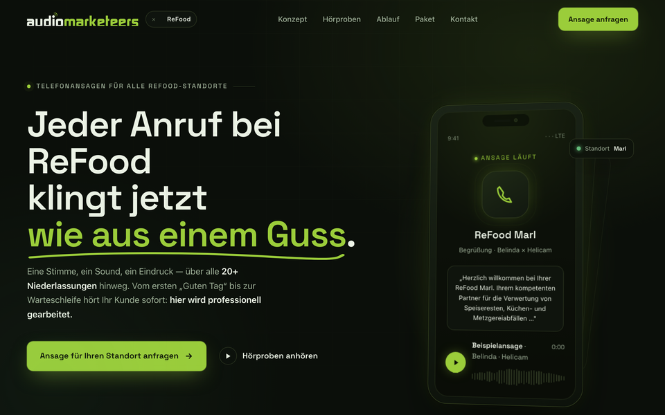 Website-Manufaktur-Demo-Seite für audiomarketeers · ReFood, Bielefeld