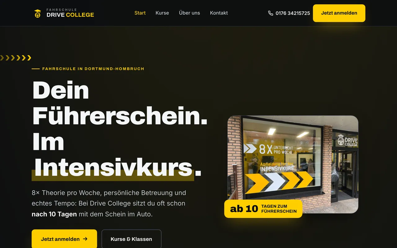 Neue Website-Manufaktur-Seite der Fahrschule Drive College: modernes, conversion-starkes Design.