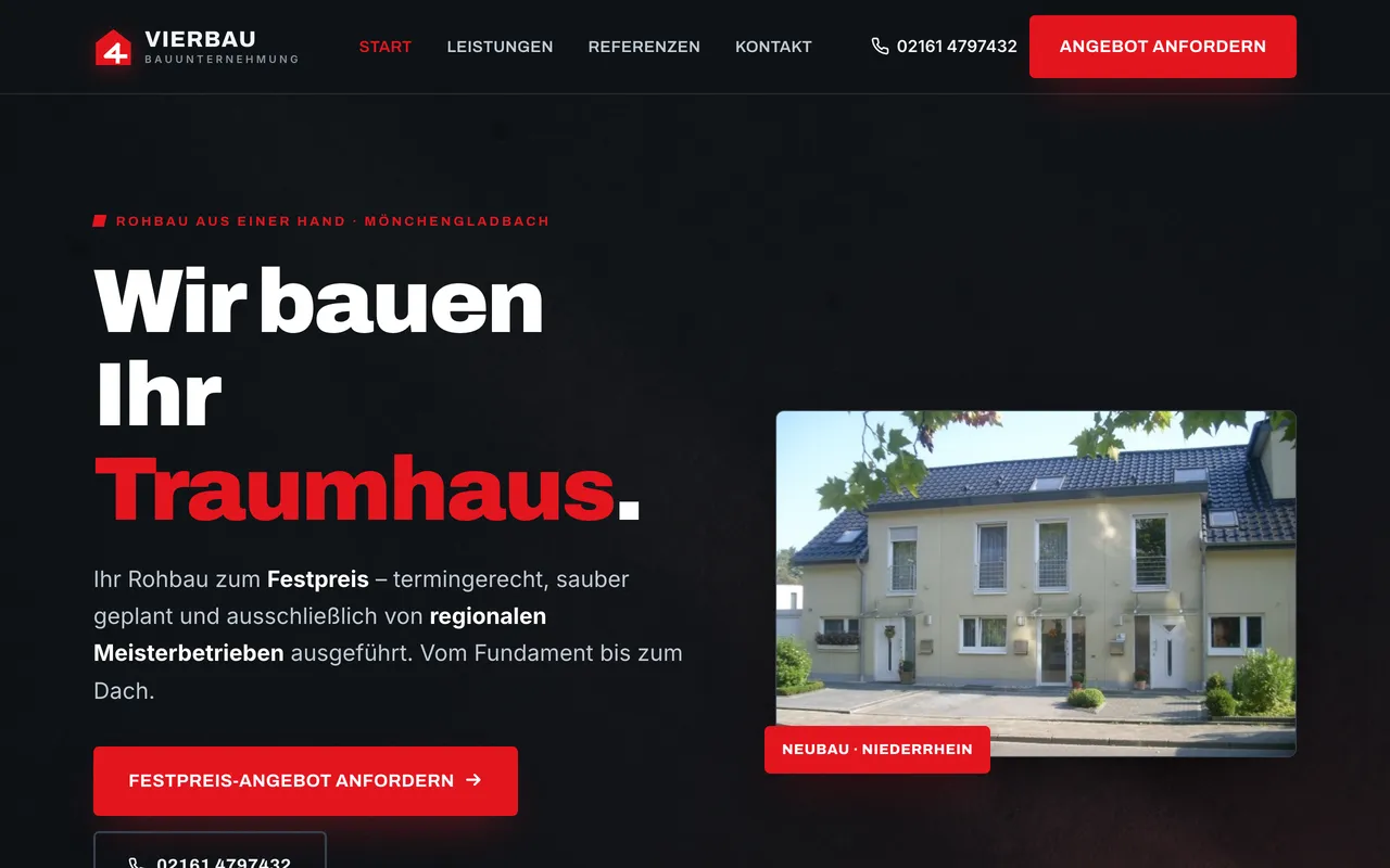 Neue Website-Manufaktur-Seite der Bauunternehmung Vierbau: modernes, mobiles Design mit klarer Anfrage.